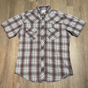 Wrangler Wrancher Plaid Western Shirt Short Sleeve Pearl Snap Gray‎ Red M EUC